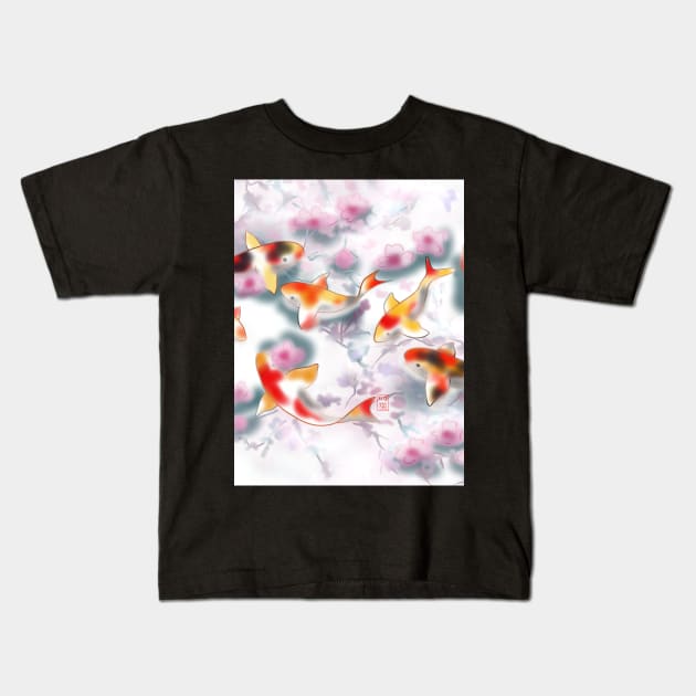 Sakura and koi carp in white water Kids T-Shirt by cuisinecat